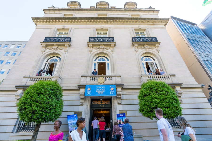 Exterior of an embassy in Washington, DC on a bright day. 