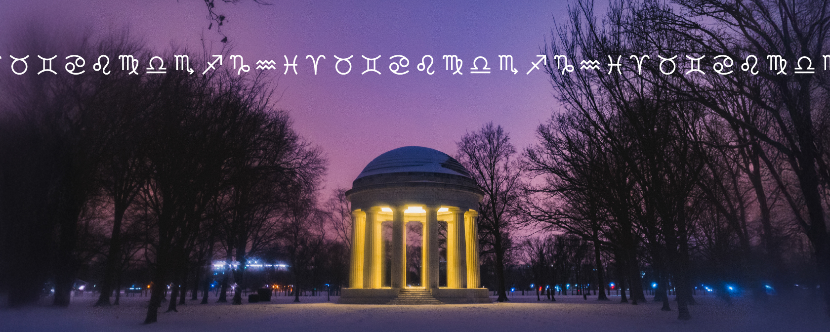 A photo of the DC War Memorial glowing against a purple night sky with icons of each zodiac sign incorporated into the background.