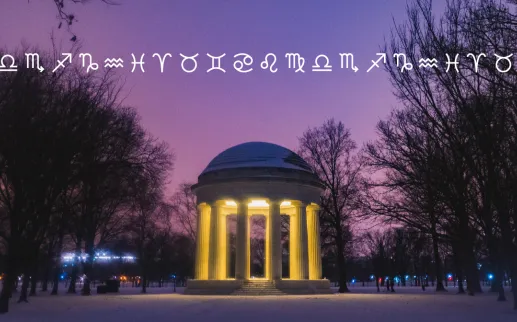 A photo of the DC War Memorial glowing against a purple night sky with icons of each zodiac sign incorporated into the background.